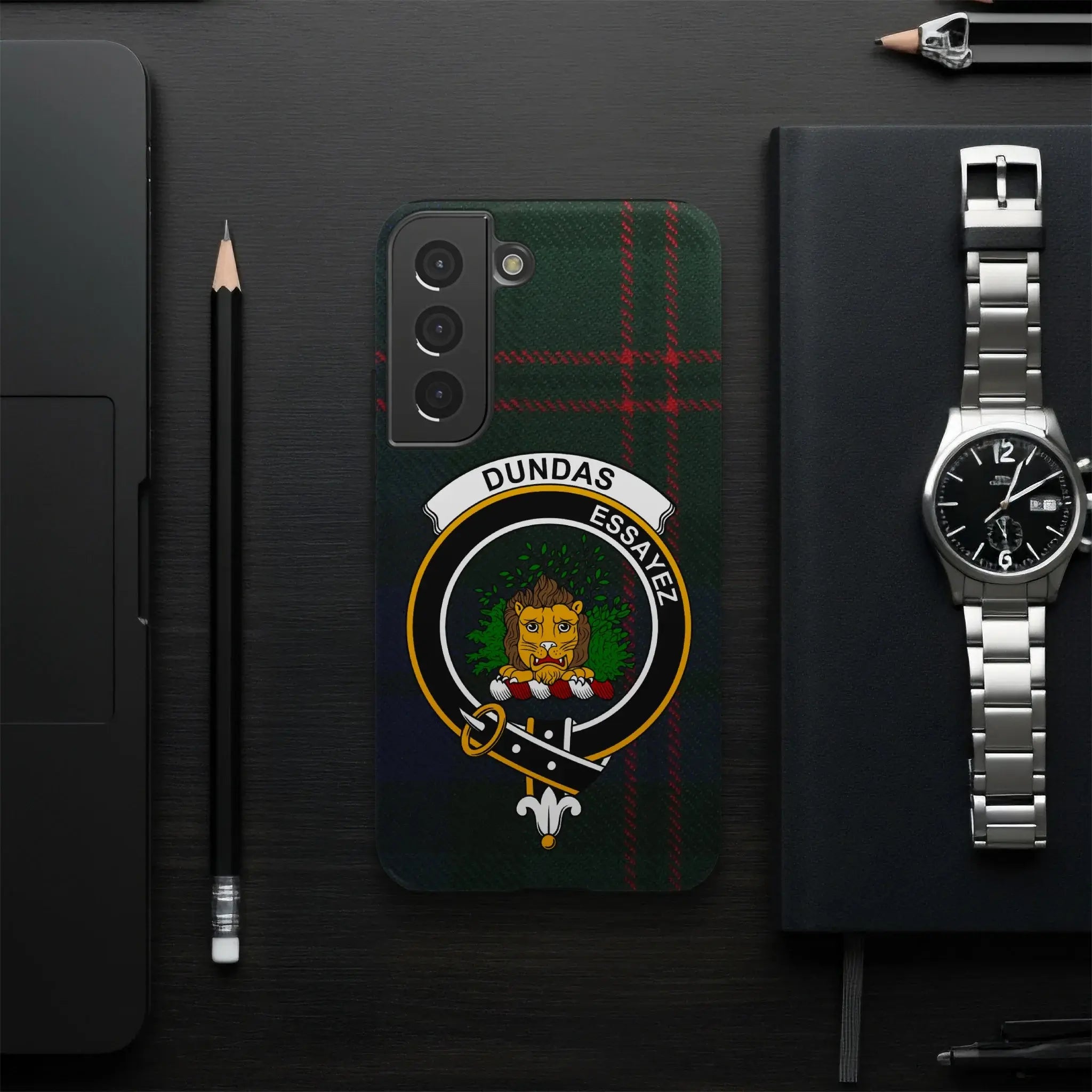 Dundas Scottish clan crest phone case — full edge-to-edge tartan wrap, Samsung model