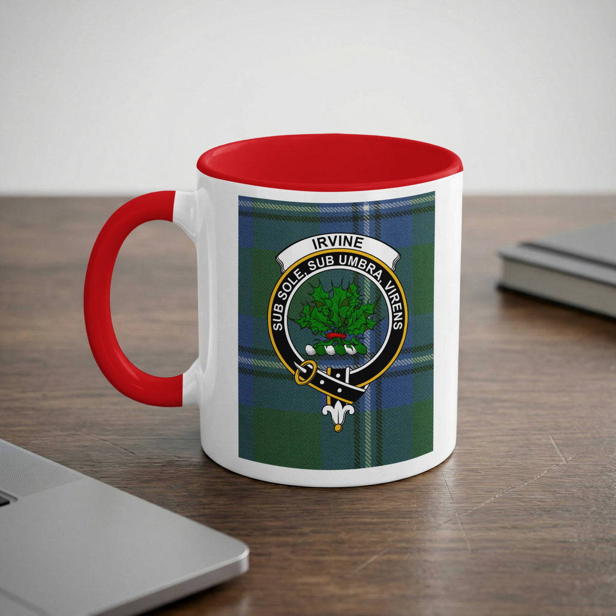 Irvine Scottish clan crest artwork on an 11 oz red accent mug with a tartan background
