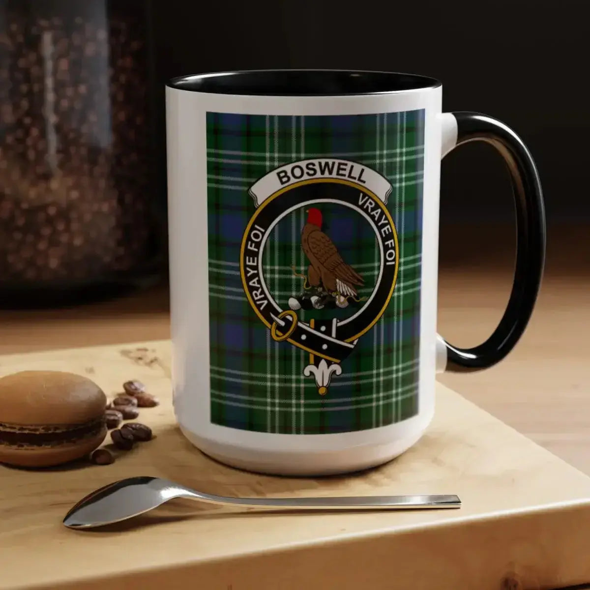 Clan Boswell vraye foi clan tartan mug — 15oz ceramic, black handle