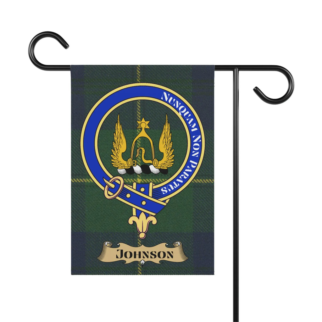 Johnson clan tartan garden flag with crest and motto.