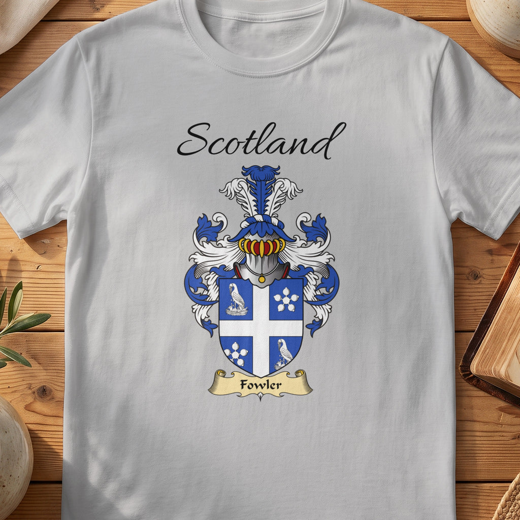 Sport Grey Fowler Scottish family shield T-shirt featuring a white cross separating bird and flower motifs