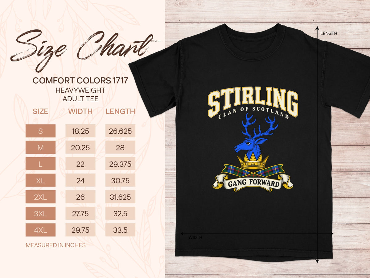 Comfort Colors 1717 size chart in inches with a black Stirling clan crest T-shirt preview