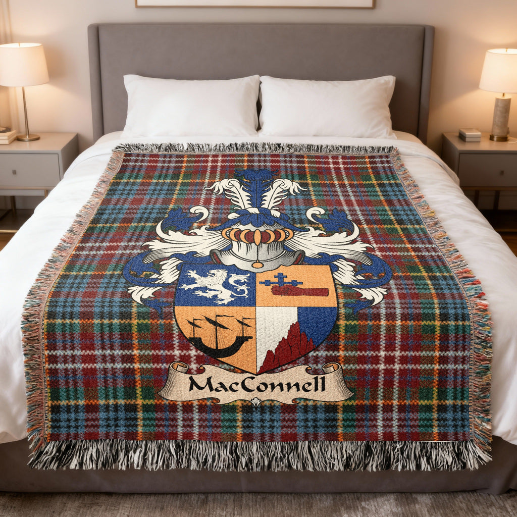 MacConnell Caledonia tartan heritage woven throw blanket with family shield