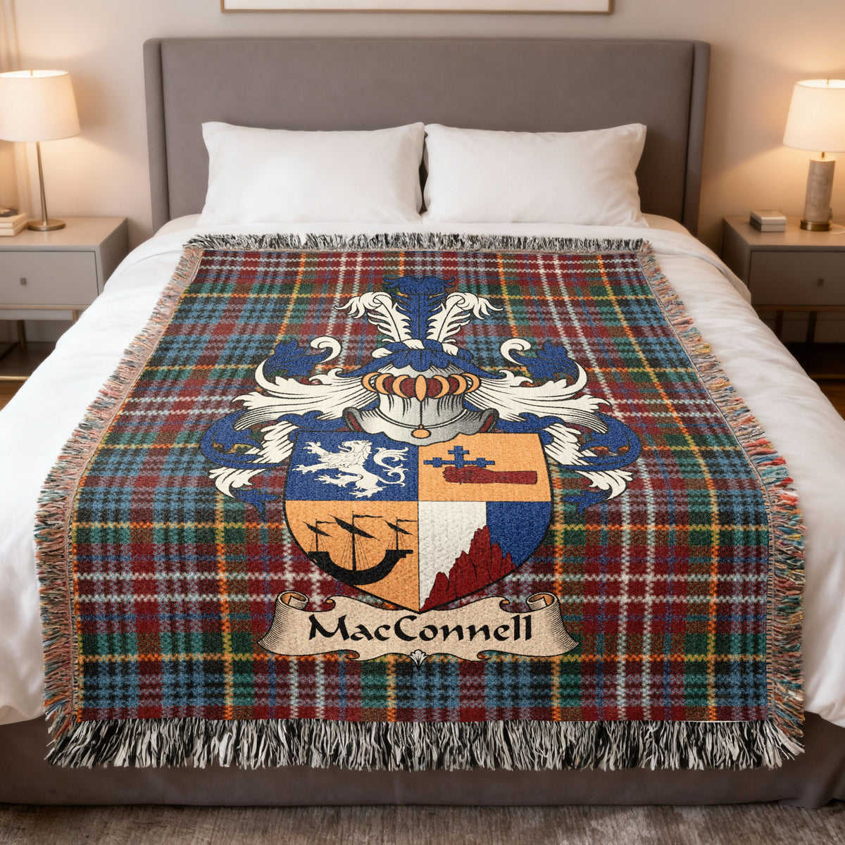 MacConnell Caledonia tartan heritage woven throw blanket with family shield
