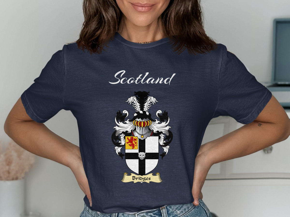 Bridges Scottish family shield design on Navy T-shirt