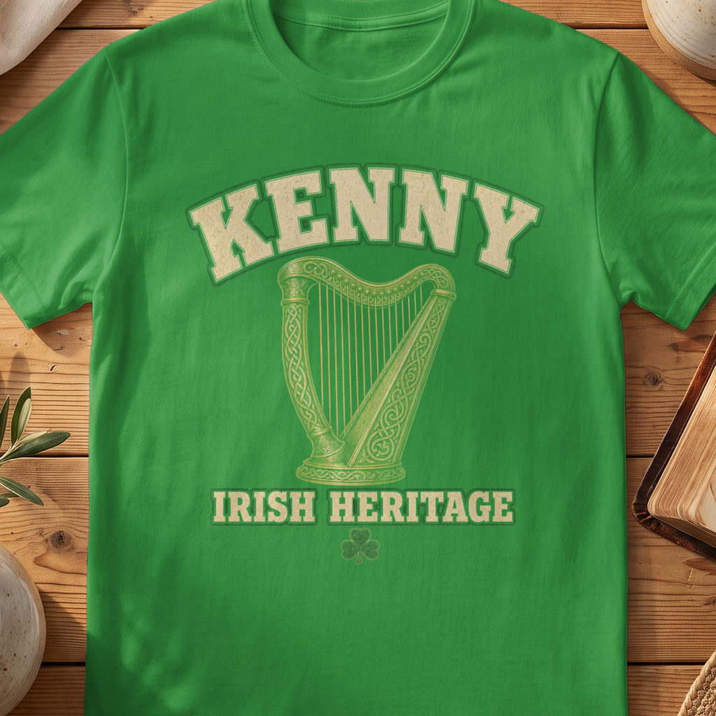 Kenny Irish harp T-shirt in Irish Green, with cream surname lettering, a gold-toned harp, green shamrock and “Irish Heritage” text.