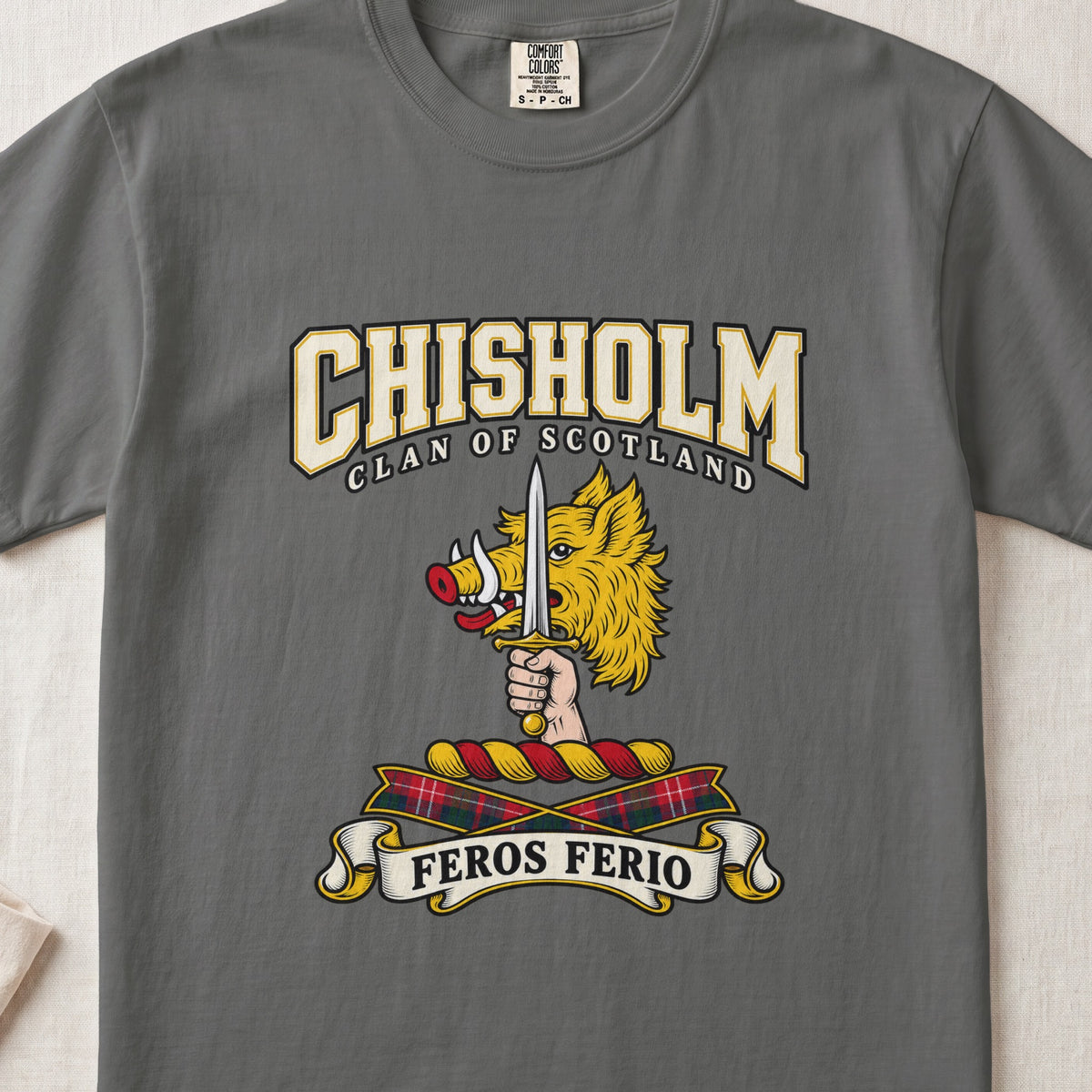 Chisholm Scottish clan graphic T-shirt in Pepper, front view