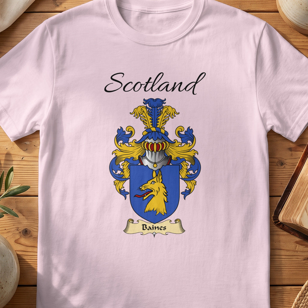 Light Pink Baines Scottish family shield T-shirt featuring a gold animal head on a blue shield