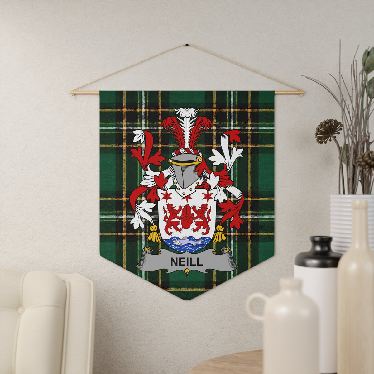 Neill family crest on a tartan pennant hanging on a wall.