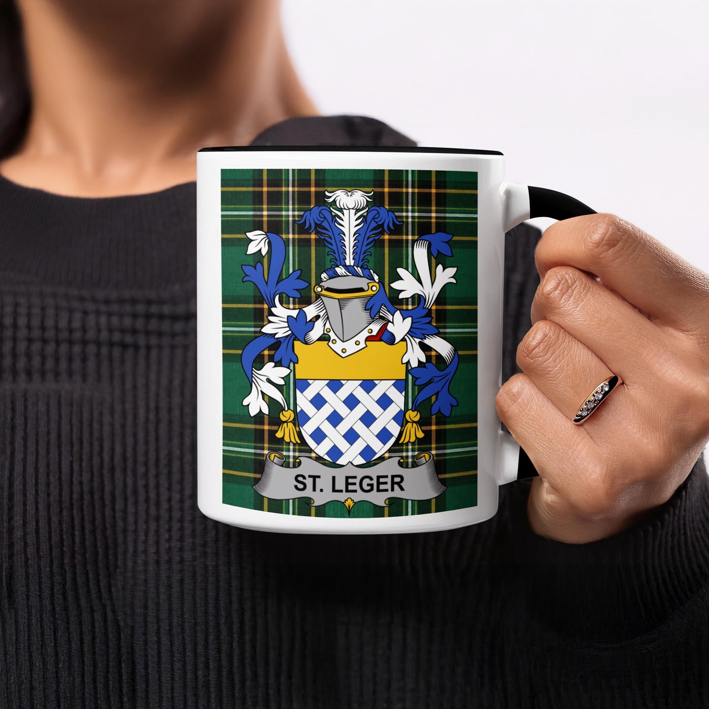 Mug with St. Leger coat of arms on tartan plaid.