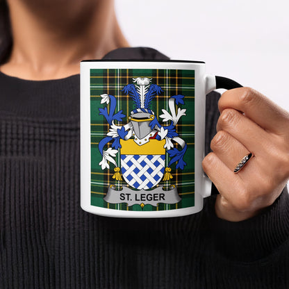 Mug with St. Leger coat of arms on tartan plaid.