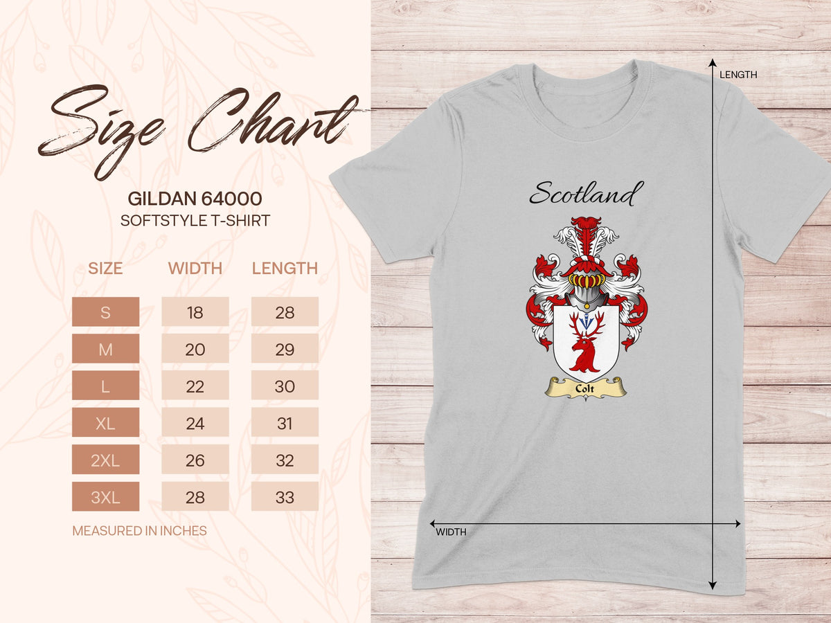 Gildan 64000 size chart for the Colt unisex T-shirt, sizes S to 3XL