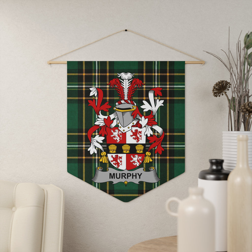 Plaque featuring the Murphy coat of arms on a green tartan background.