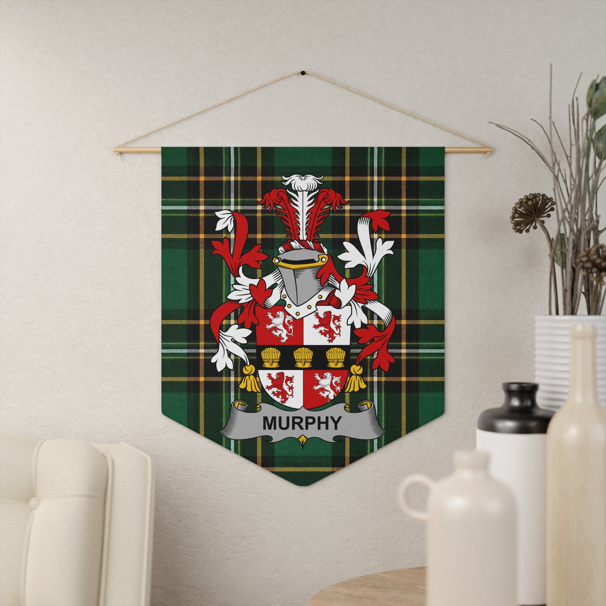 Plaque featuring the Murphy coat of arms on a green tartan background.