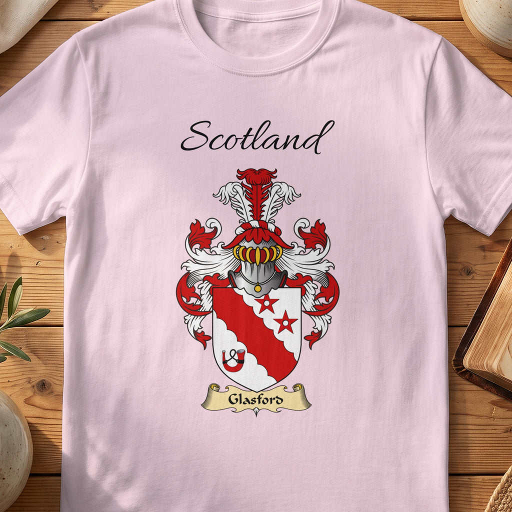 Light Pink Glasford Scottish family shield T-shirt featuring a red diagonal band with stars and a small wheel motif