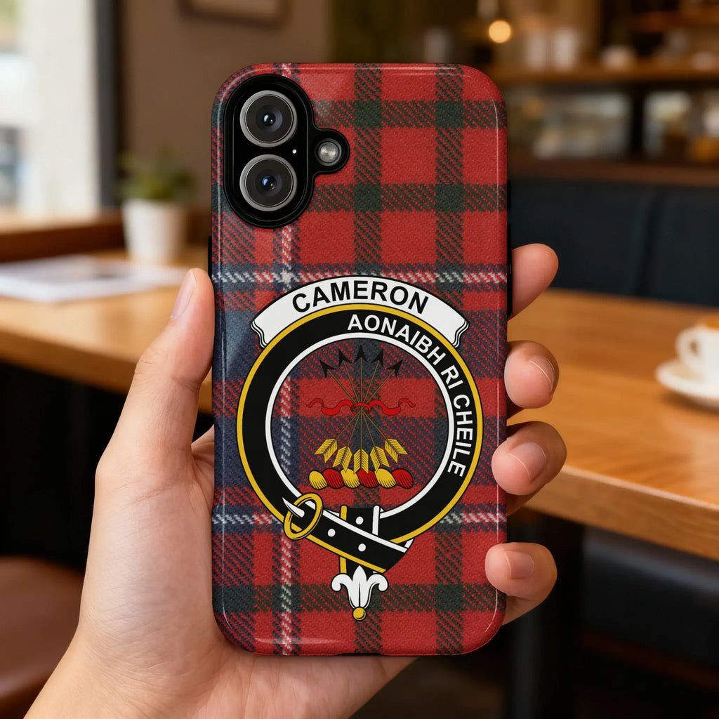 Cameron clan crest phone case on iPhone — slim profile, precise port cutouts, red tartan