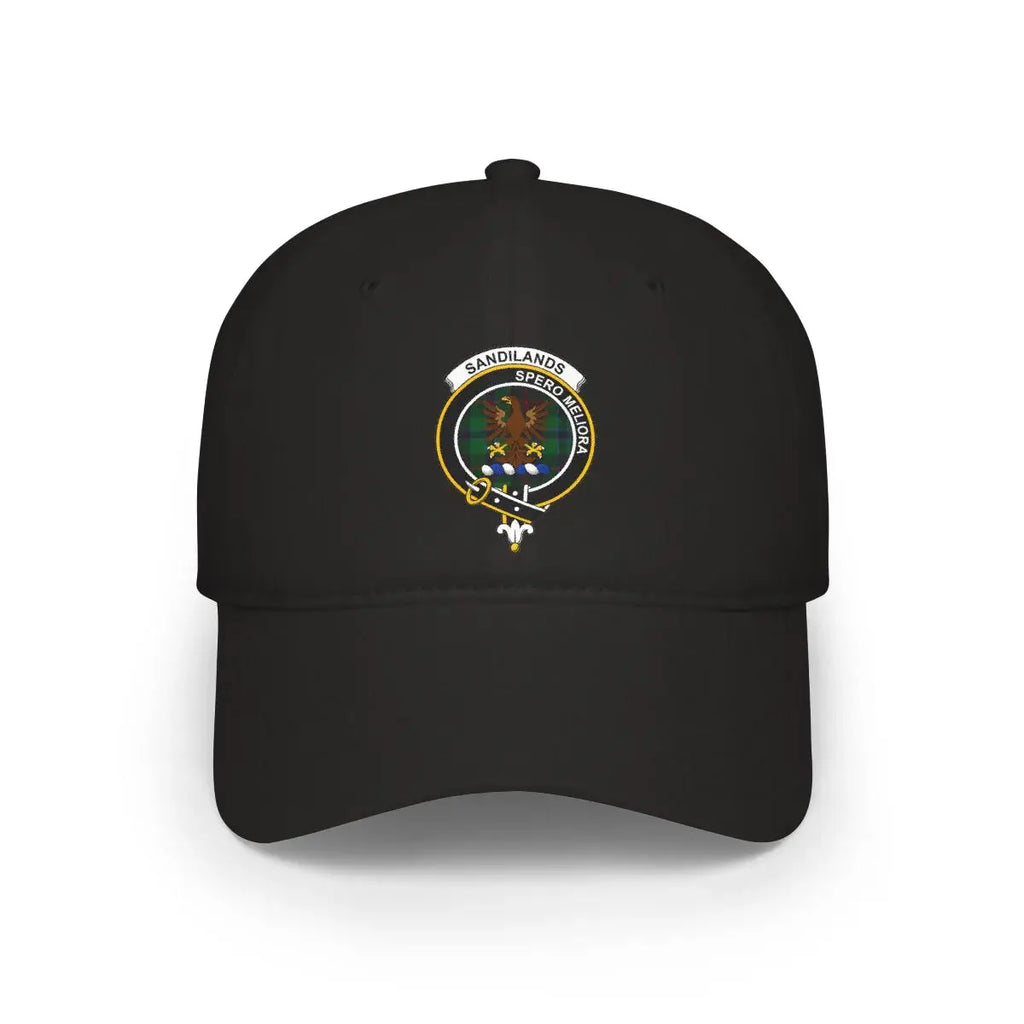 Sandilands Spero Meliora family crest cap in black — printed eagle emblem, low-profile hat
