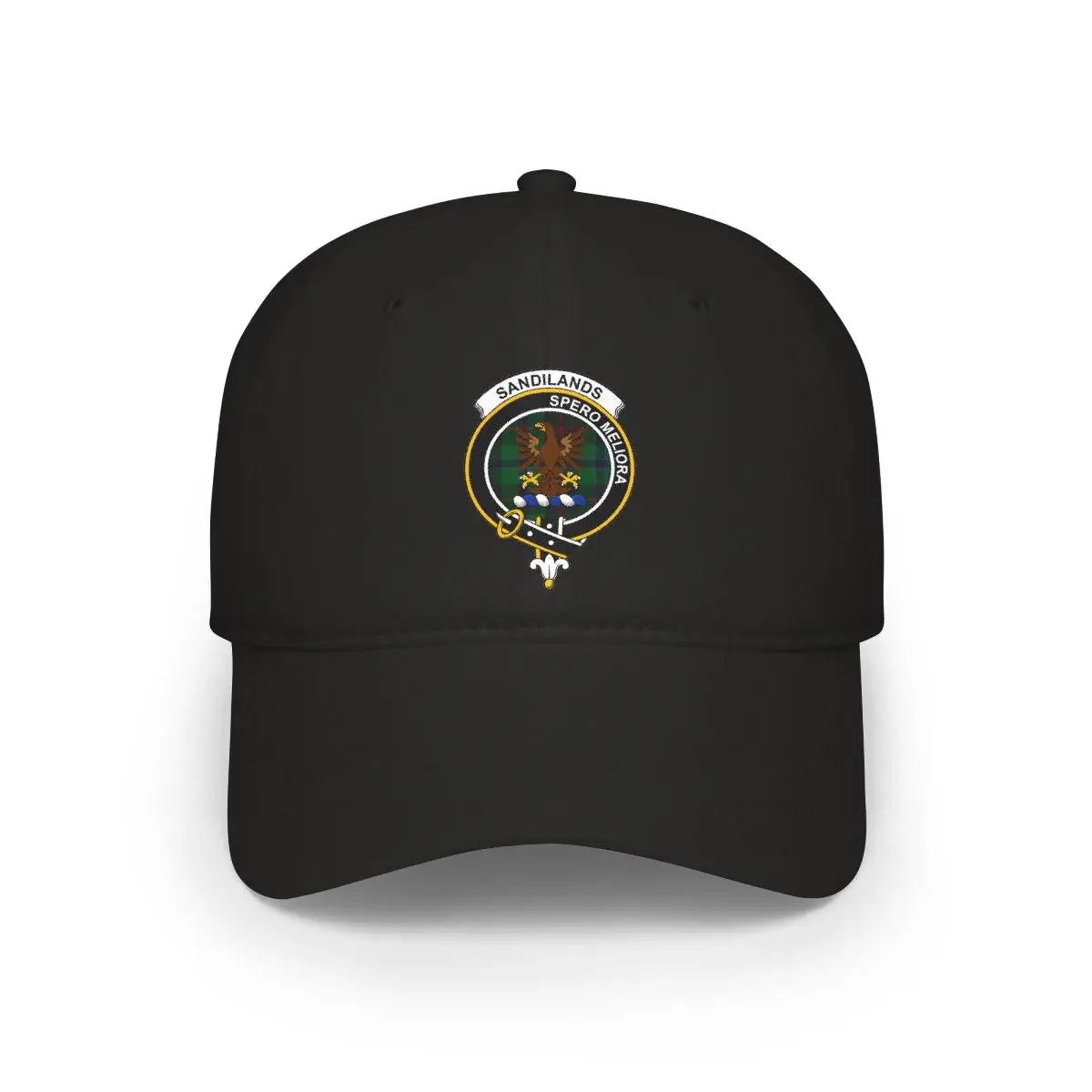 Sandilands Spero Meliora family crest cap in black — printed eagle emblem, low-profile hat