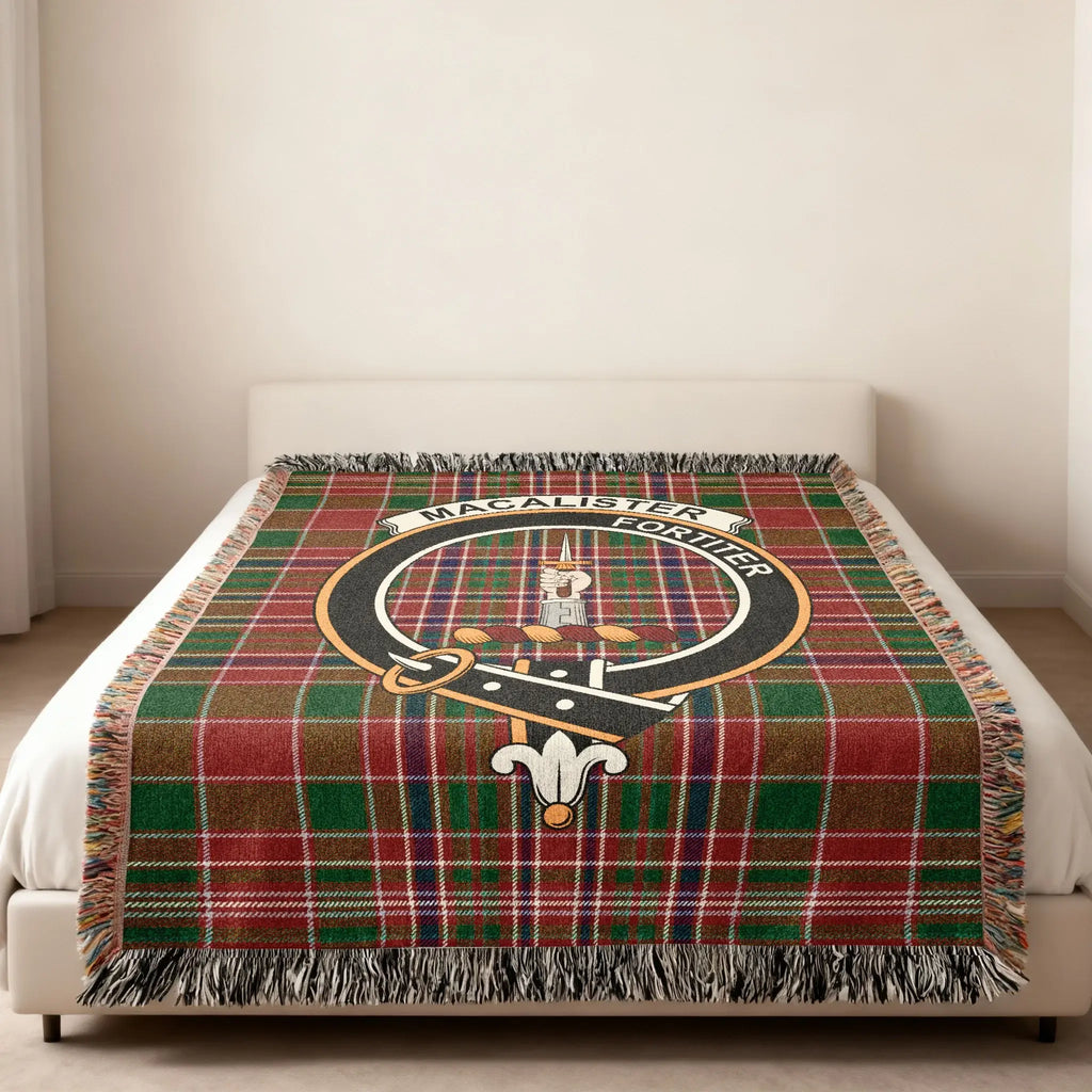 MacAlister Fortiter plaid throw blanket display — clan crest at centre, fringe edge visible