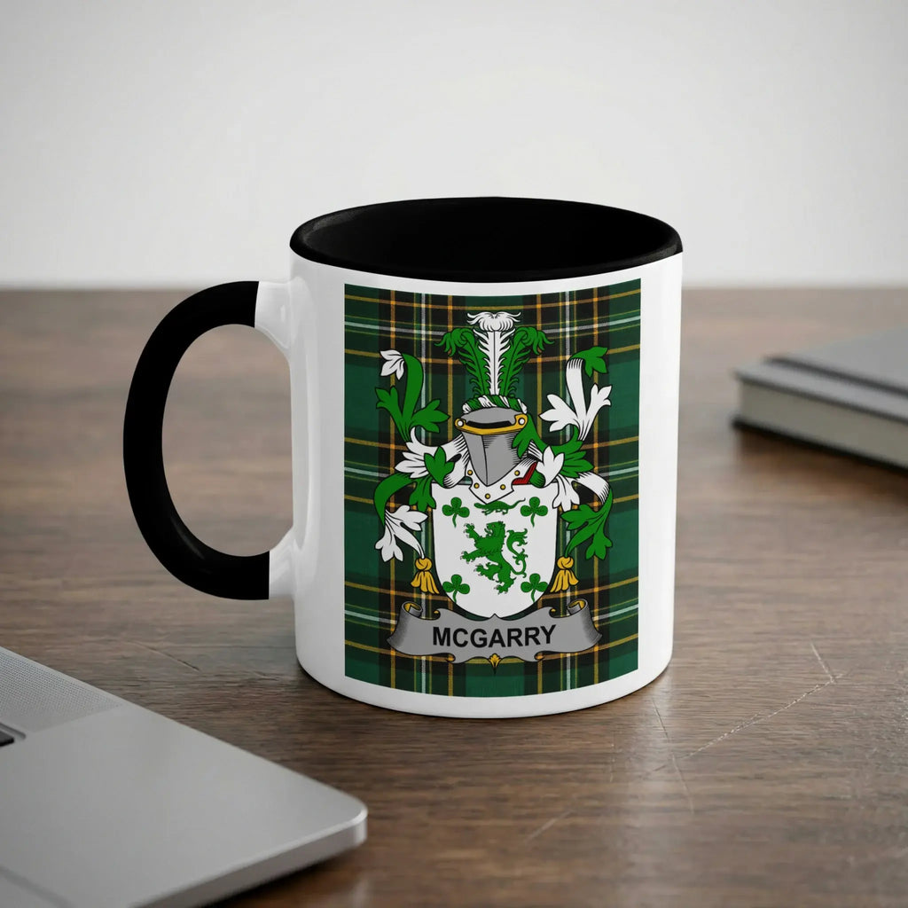 McGarry Irish heritage mug with black handle and family crest