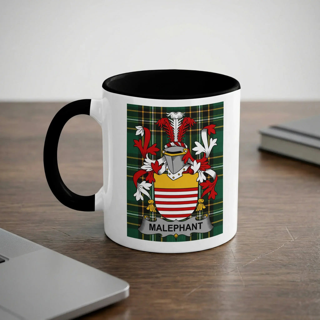 White mug with black handle, displaying a coat of arms with "MALEPHANT" text.