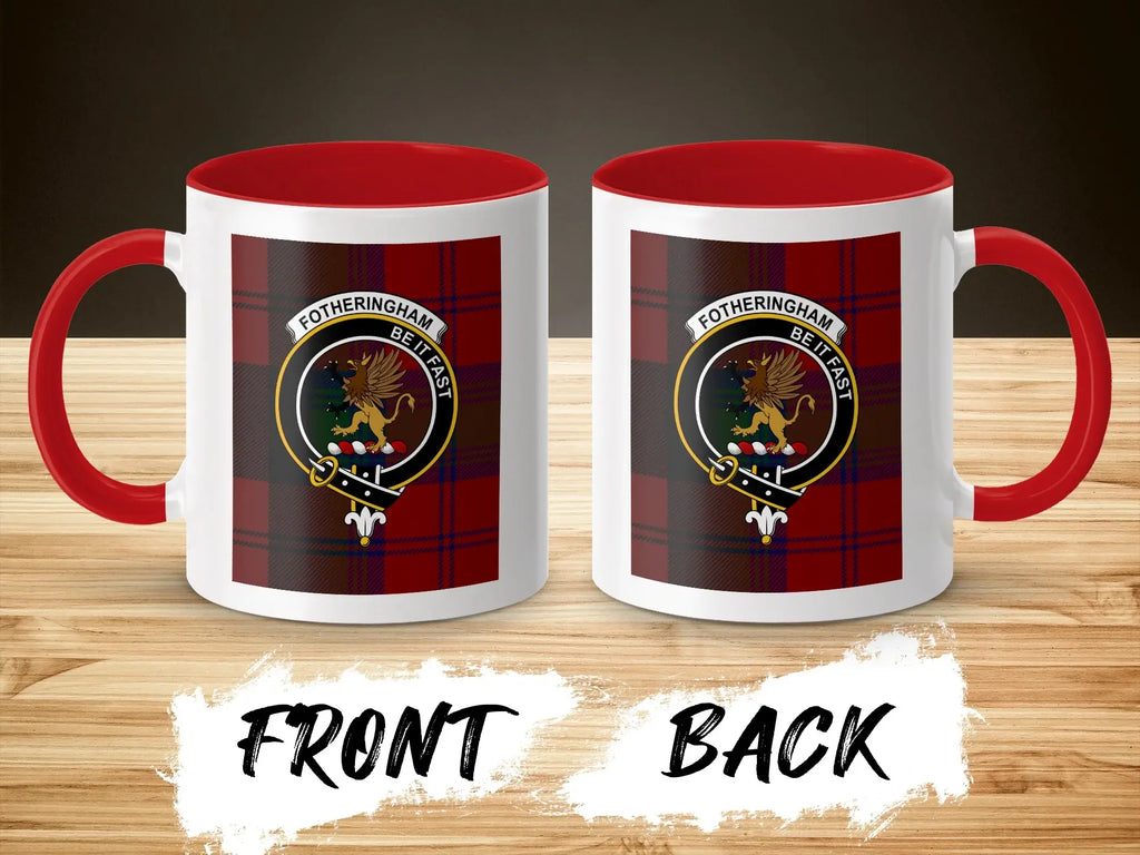 Fotheringham accent mug with red handle — clan crest and tartan design on white ceramic body