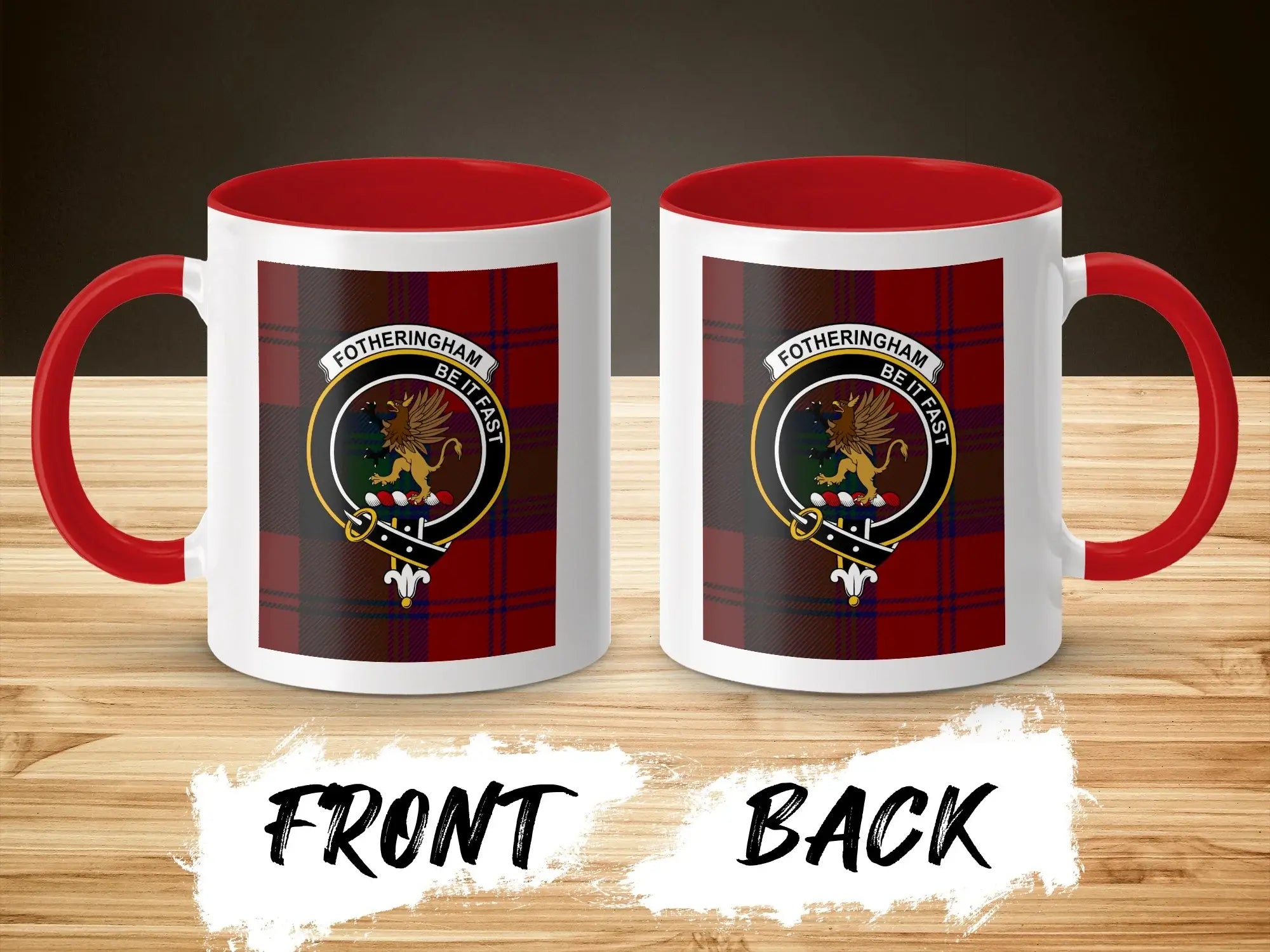 Fotheringham accent mug with red handle — clan crest and tartan design on white ceramic body