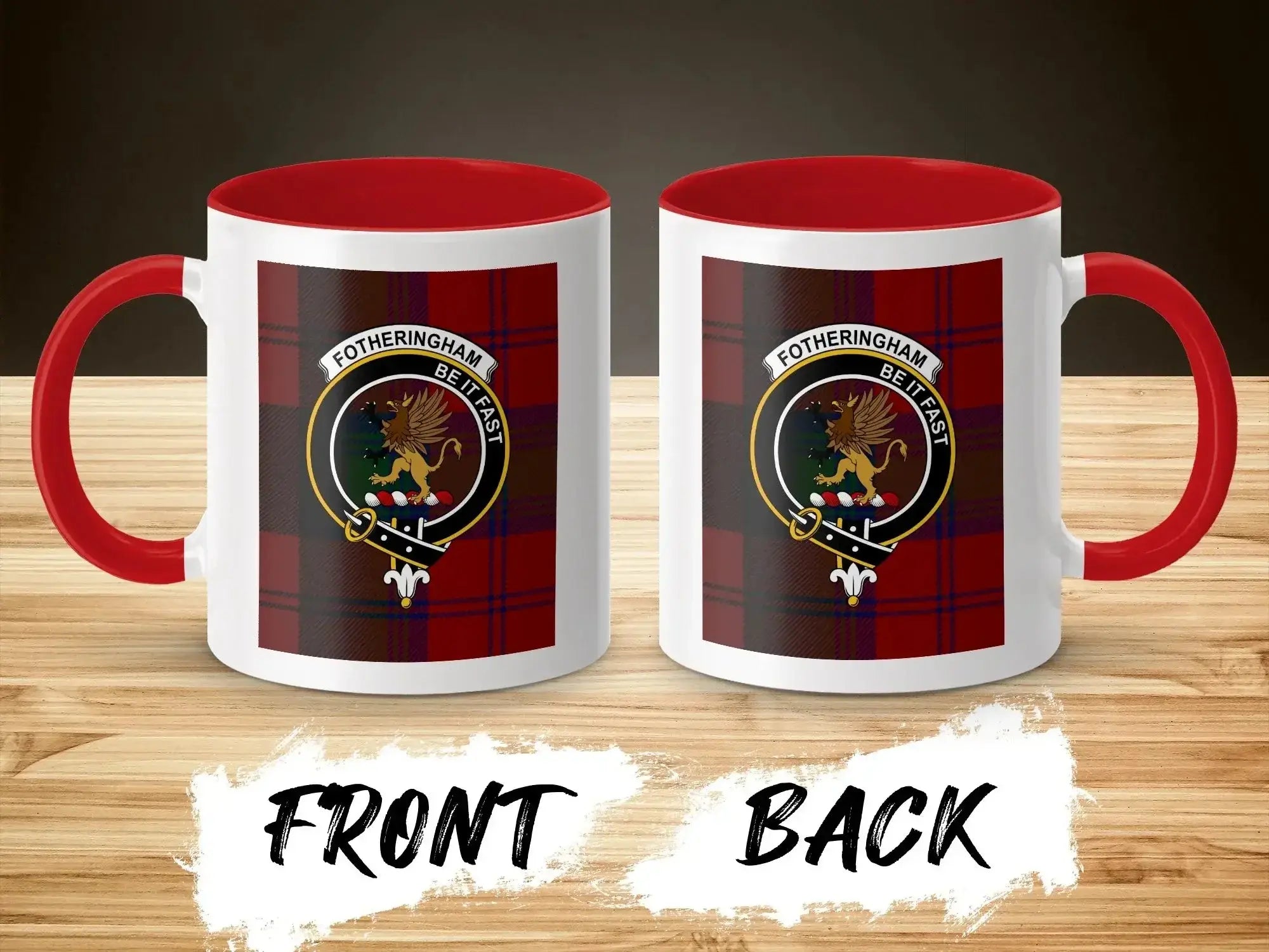 Fotheringham accent mug with red handle — clan crest and tartan design on white ceramic body