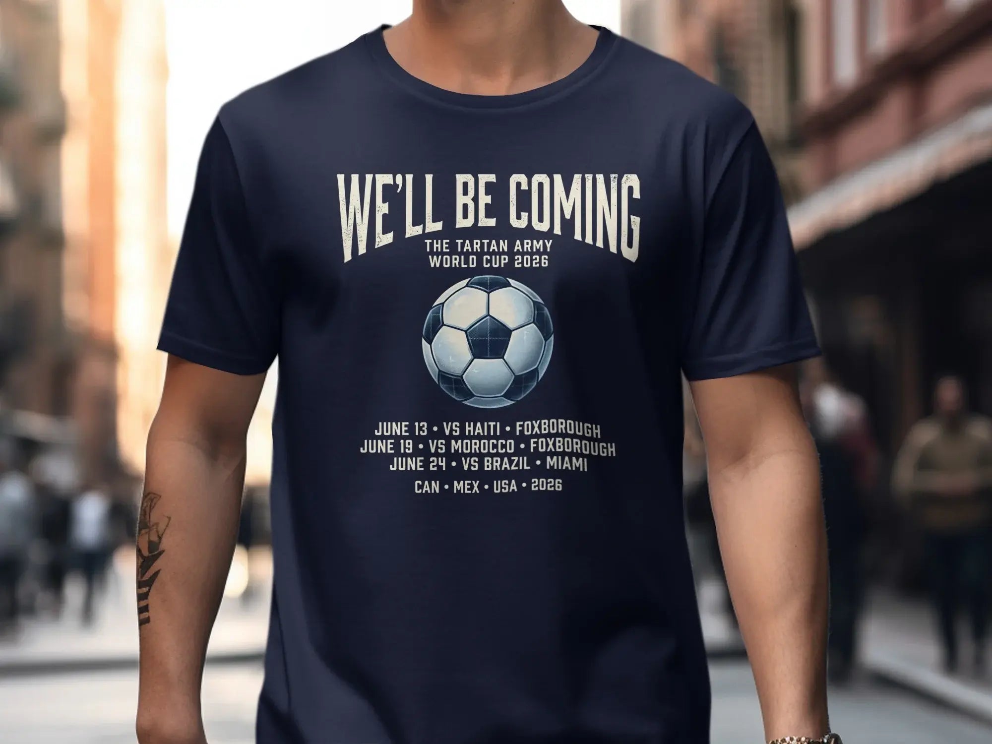 Tartan Army World Cup 2026 shirt with match schedule and locations.
