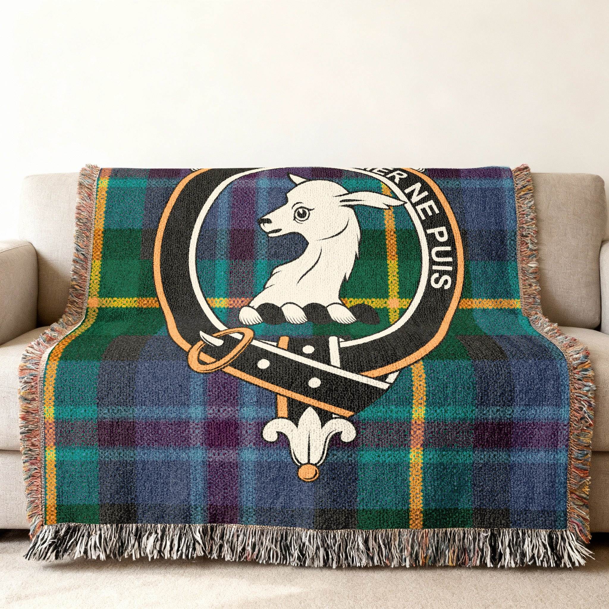 Clan Crest Tartan Plaid Blanket with Fringe Edges Design