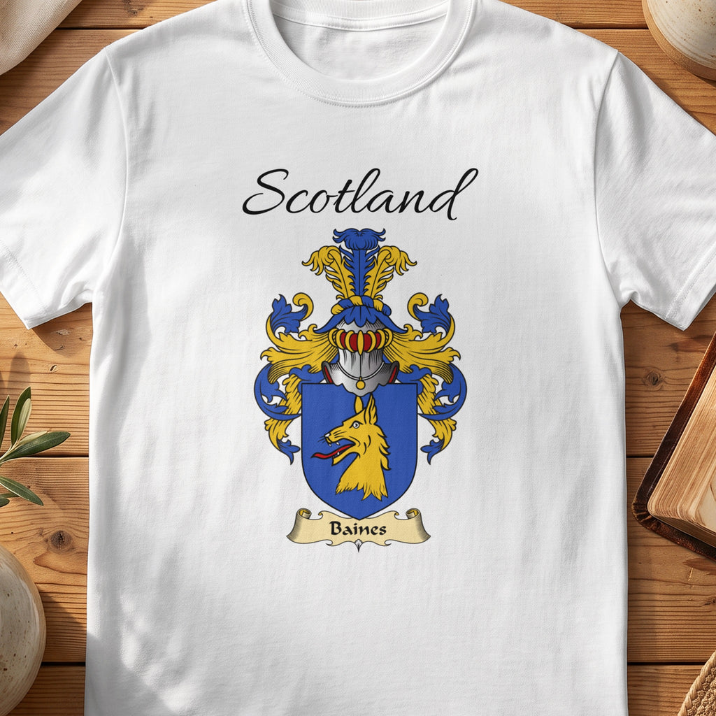White Baines Scottish family shield T-shirt featuring a gold animal head on a blue shield