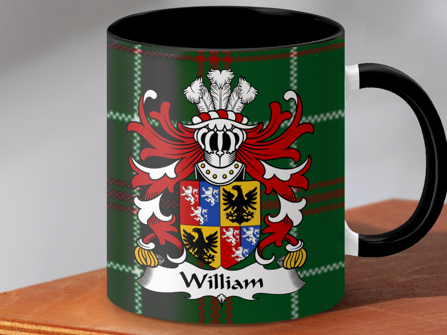 William Coat of Arms on Welsh National Tartan Background Mug - Living Stone Gifts