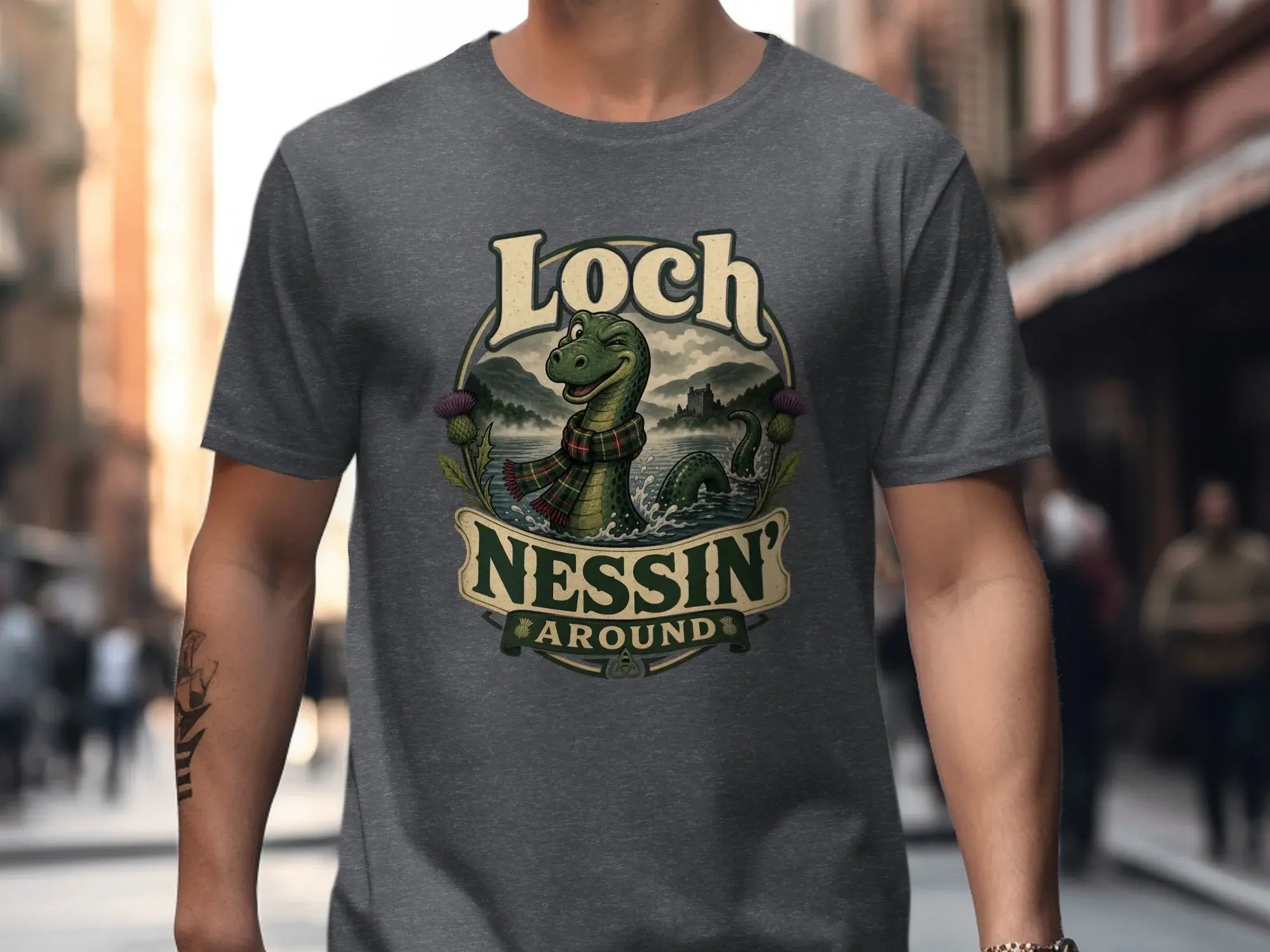 Loch Ness Around graphic featuring Nessie the monster, hills, and thistle.
