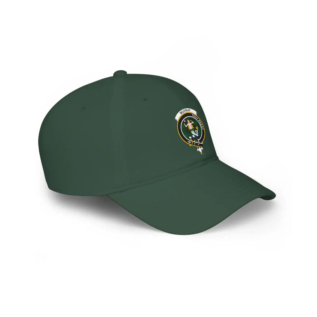 Murray clan crest cap in dark green — three-quarter view showing printed Scottish tartan mermaid design