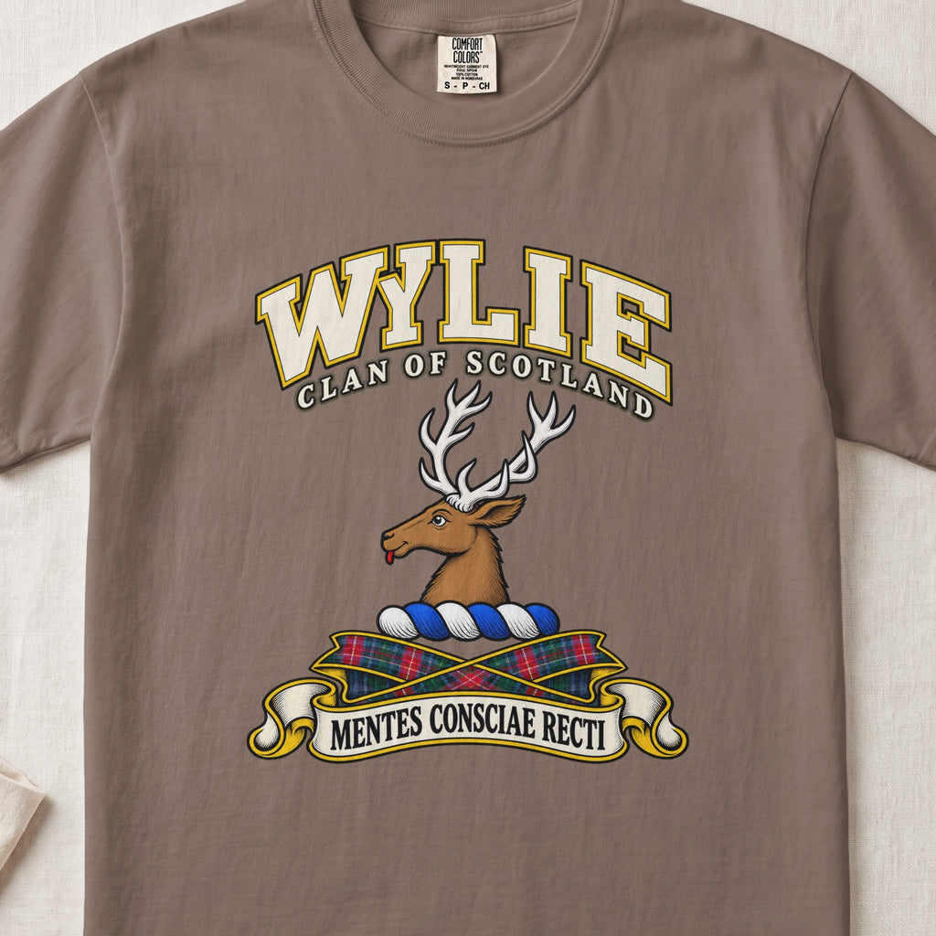Wylie Scottish clan T-shirt in Espresso, front view with a brown stag head with white antlers and motto banner.