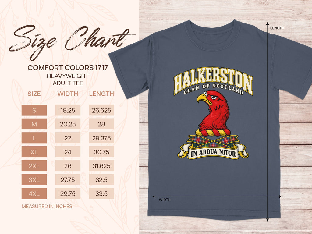 Comfort Colors 1717 size chart for the Halkerston Scottish clan T-shirt, adult sizes S–4XL.