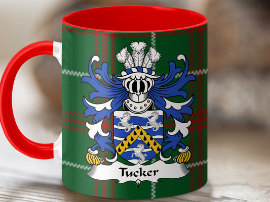 Tucker Surname Coat of Arms on Welsh Tartan Background Mug - Living Stone Gifts