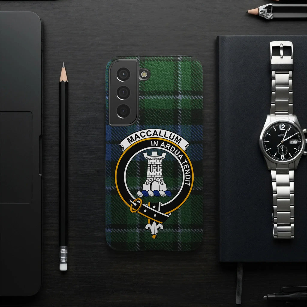 MacCallum In Ardua Tendit clan crest case — green tartan variant on glossy phone case