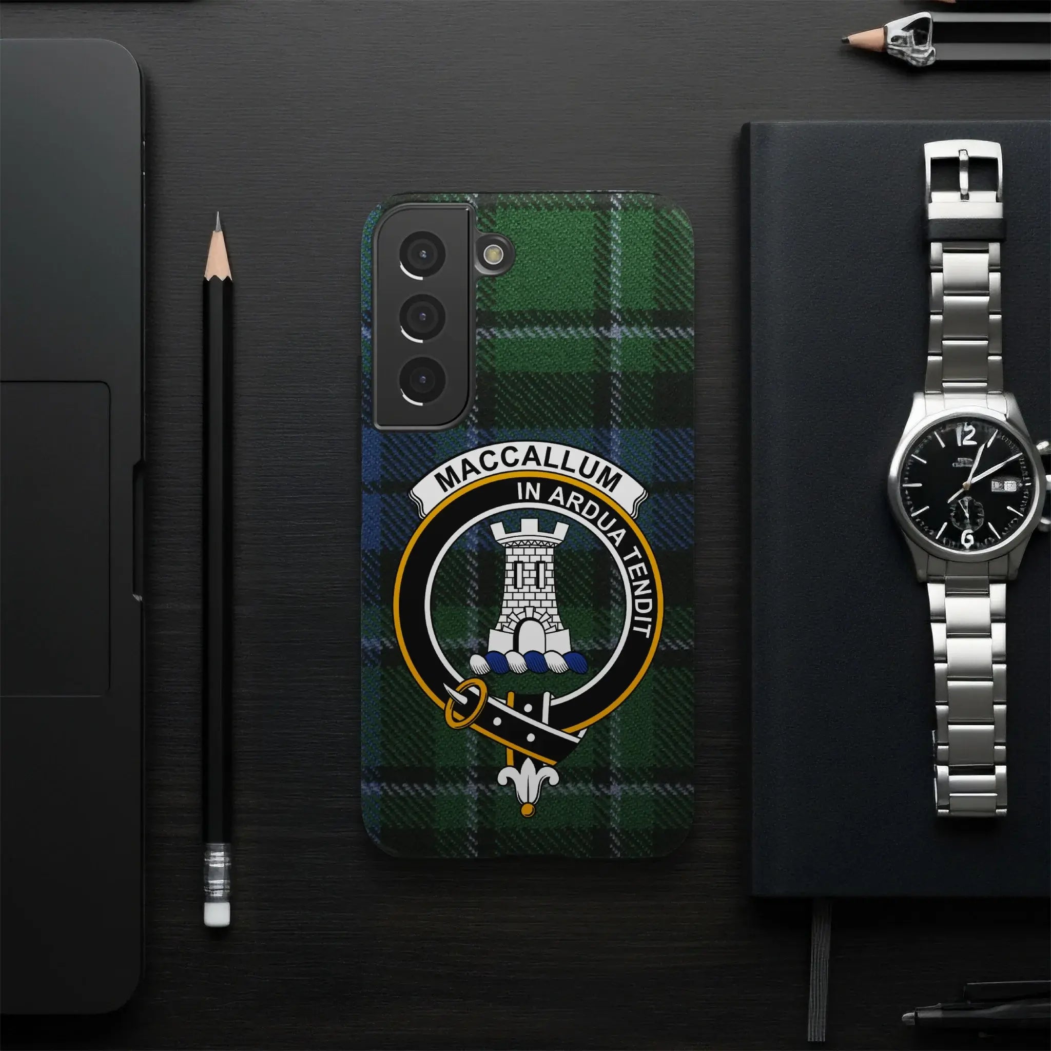 MacCallum In Ardua Tendit clan crest case — green tartan variant on glossy phone case