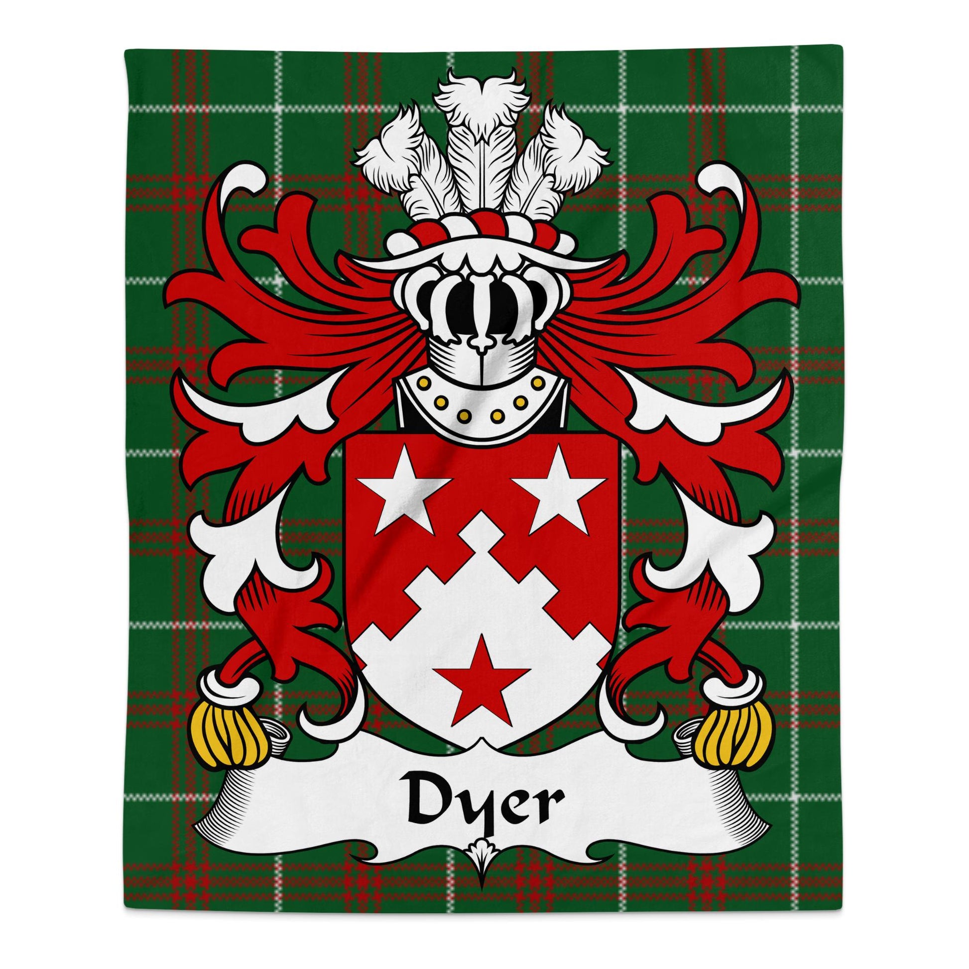 Dyer Coat of Arms on Welsh National Tartan Background Blanket - Living Stone Gifts