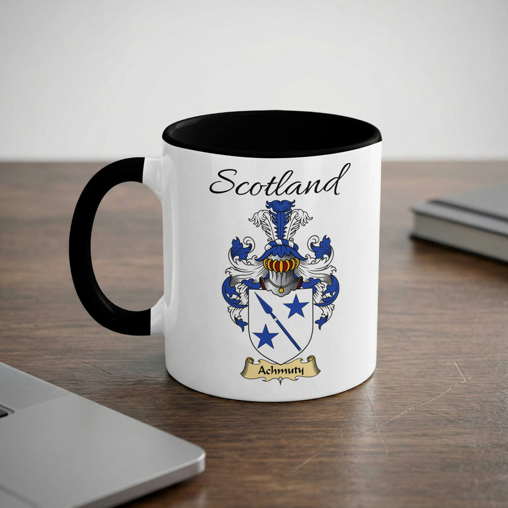 Achmuty Scottish family crest accent mug with Scotland lettering and coat of arms artwork
