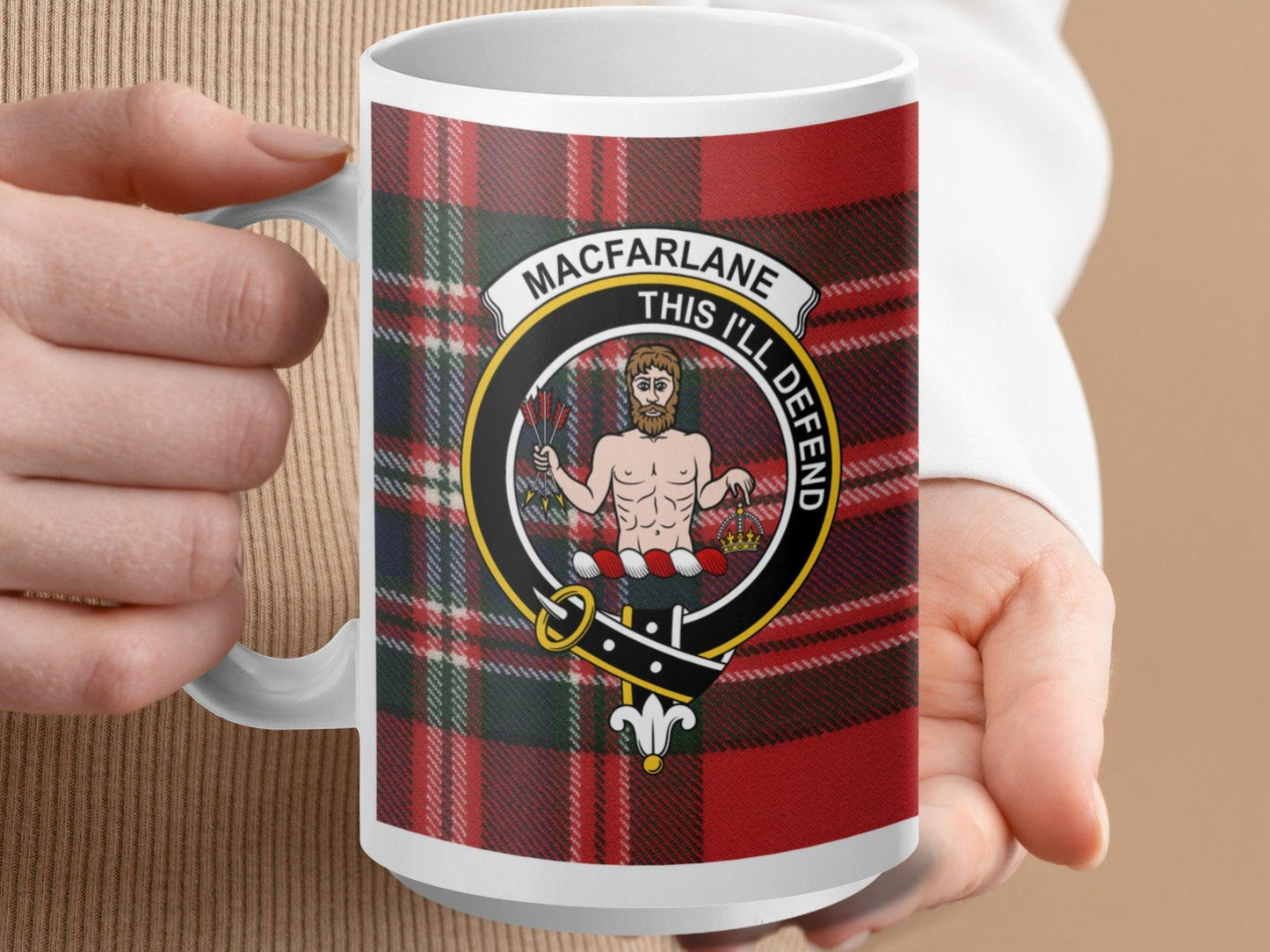 Macfarlane Clan Crest and Tartan Plaid Design Mug - Living Stone Gifts