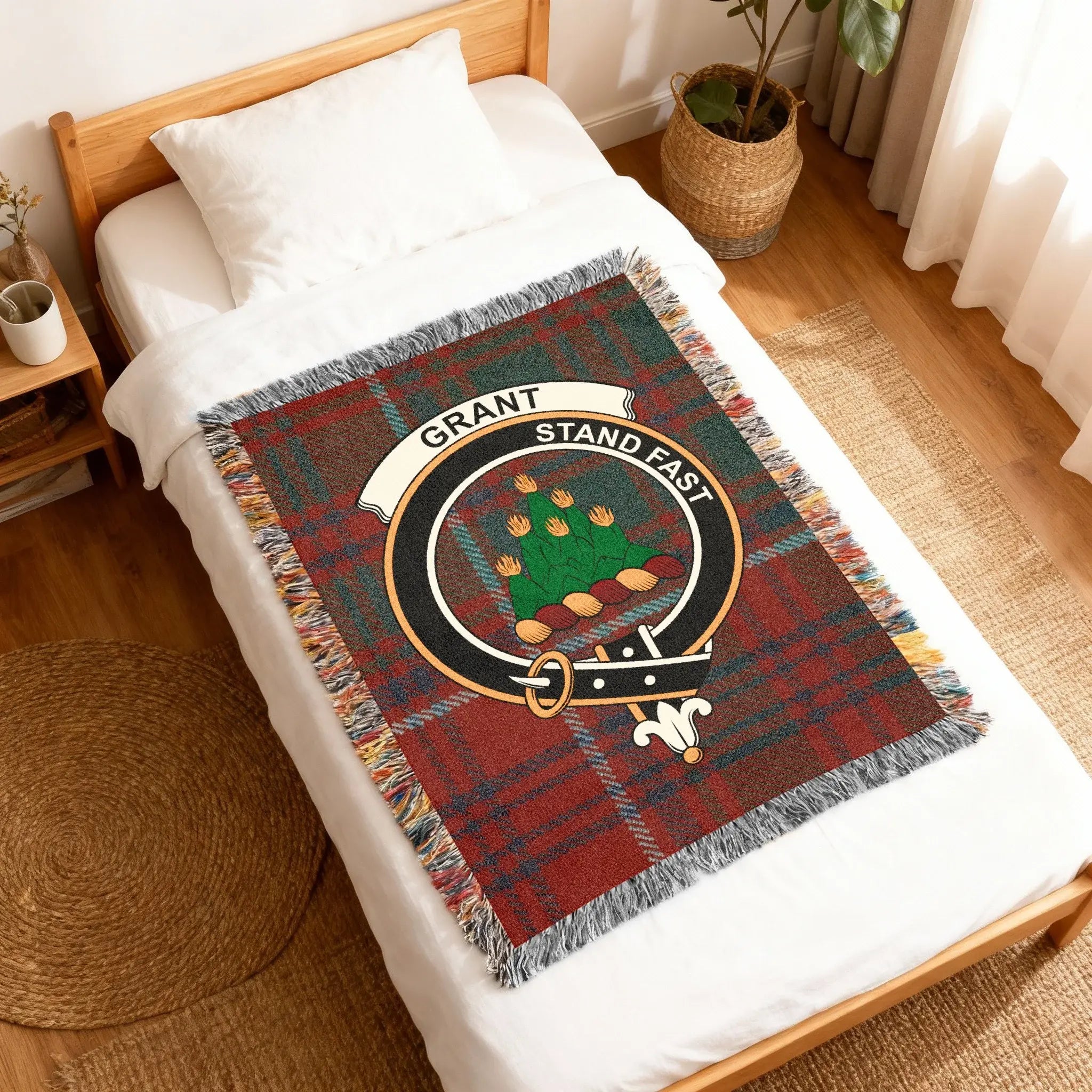 Grant Stand Fast tartan design blanket folded — clan crest on 100% cotton weave