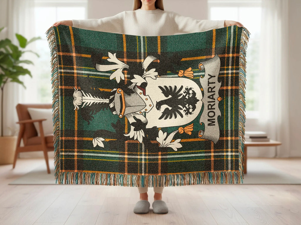 Moriarty tartan throw blanket with coat of arms and fringe.