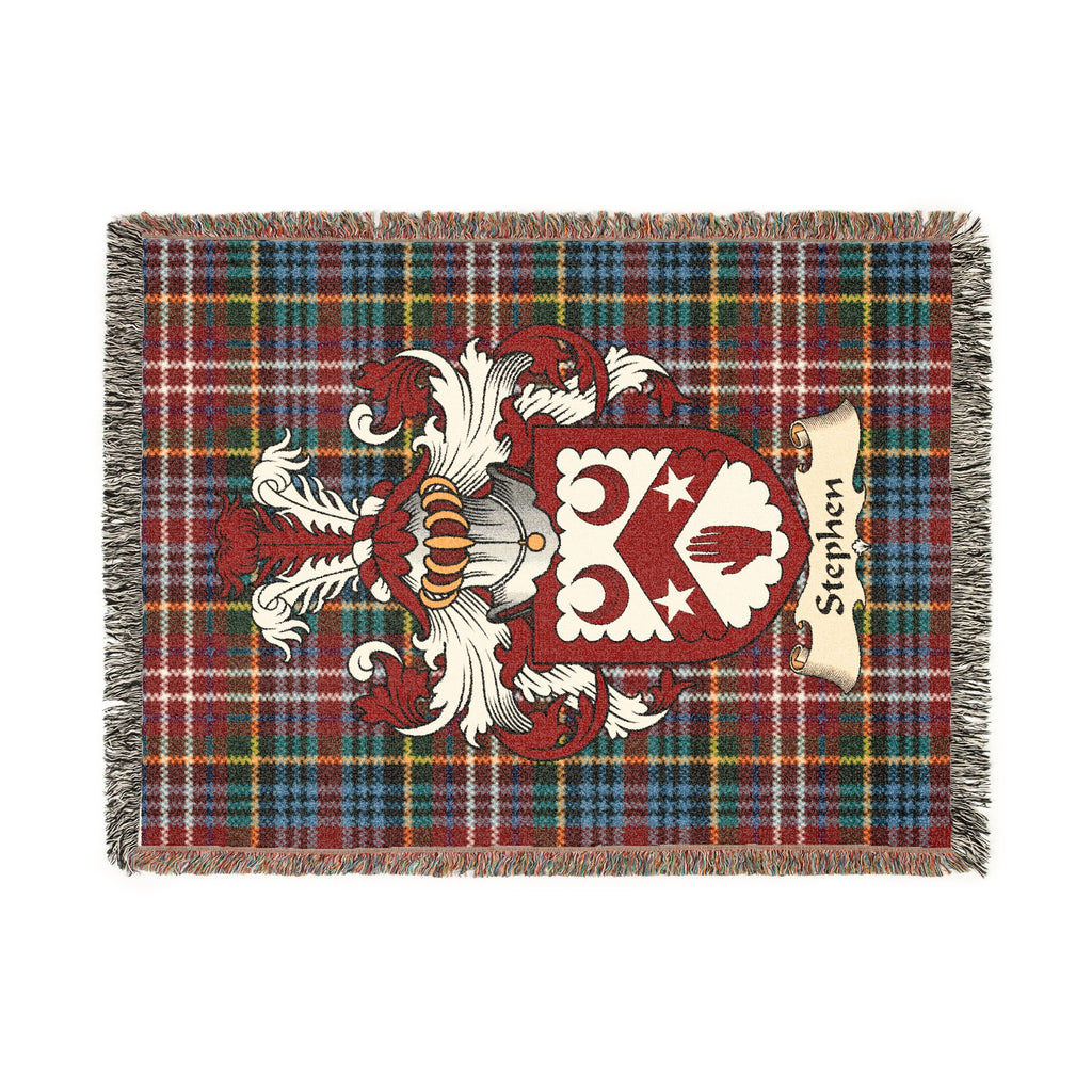 Stephen Scottish woven blanket with family shield and Caledonia tartan background