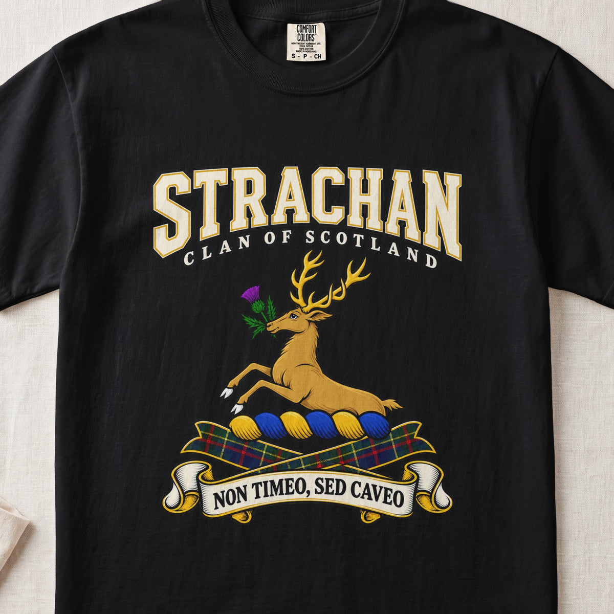 Strachan Scottish clan graphic T-shirt in Black, front view