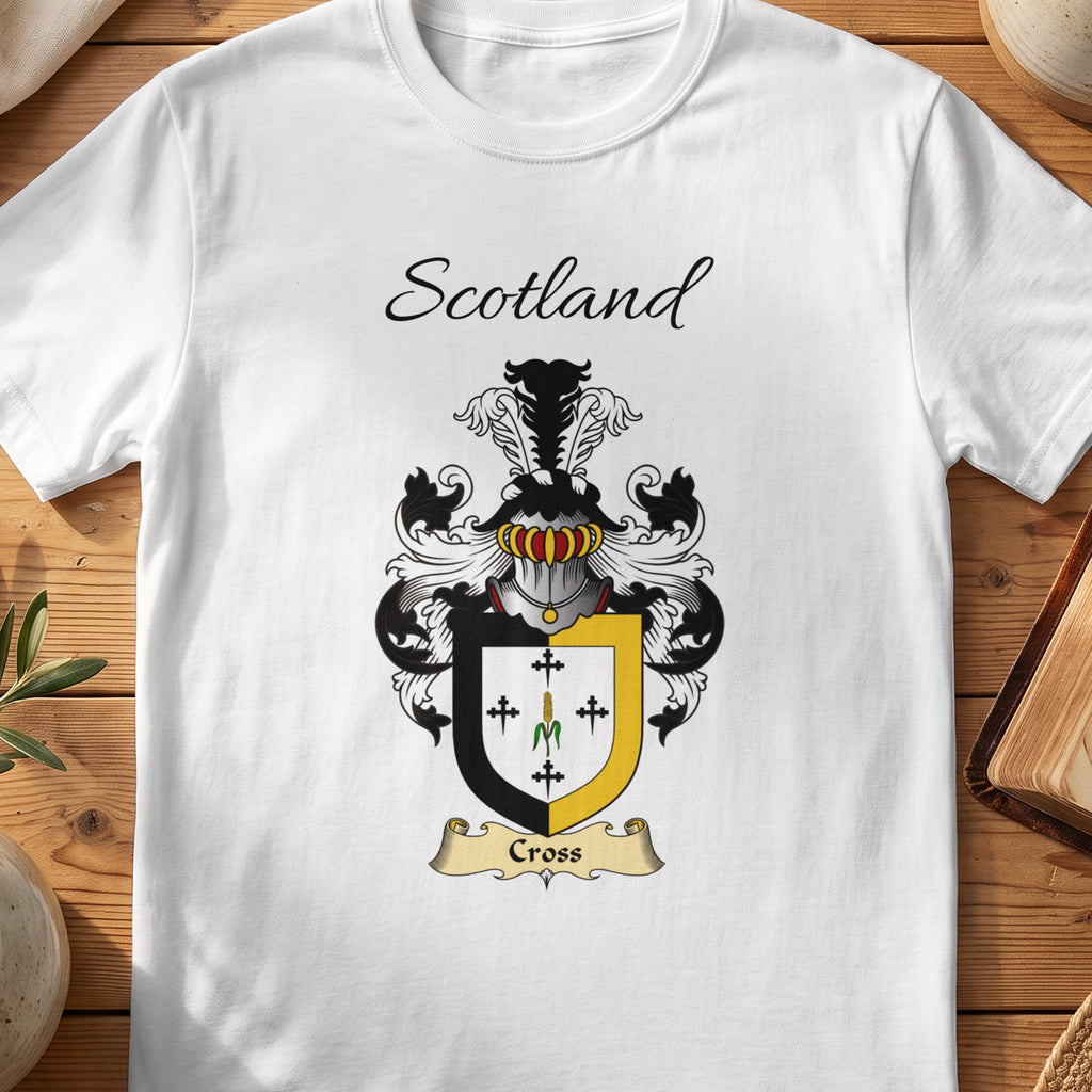 White Cross Scottish family shield T-shirt featuring small black crosses inside a gold border