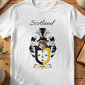 White Cross Scottish family shield T-shirt featuring small black crosses inside a gold border