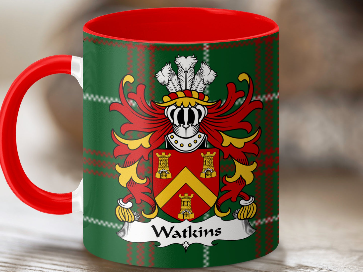 Watkins Coat of Arms on Welsh National Tartan Background Mug - Living Stone Gifts