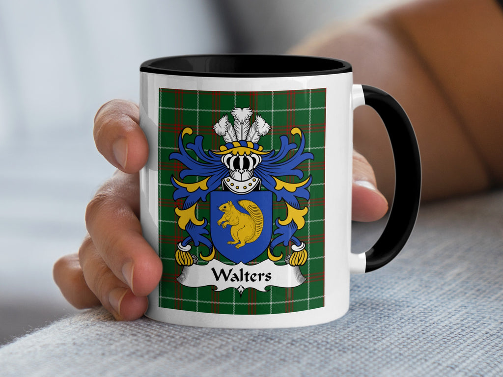 White mug with black rim, displaying a coat of arms with a squirrel on a plaid background and "Walters" text.